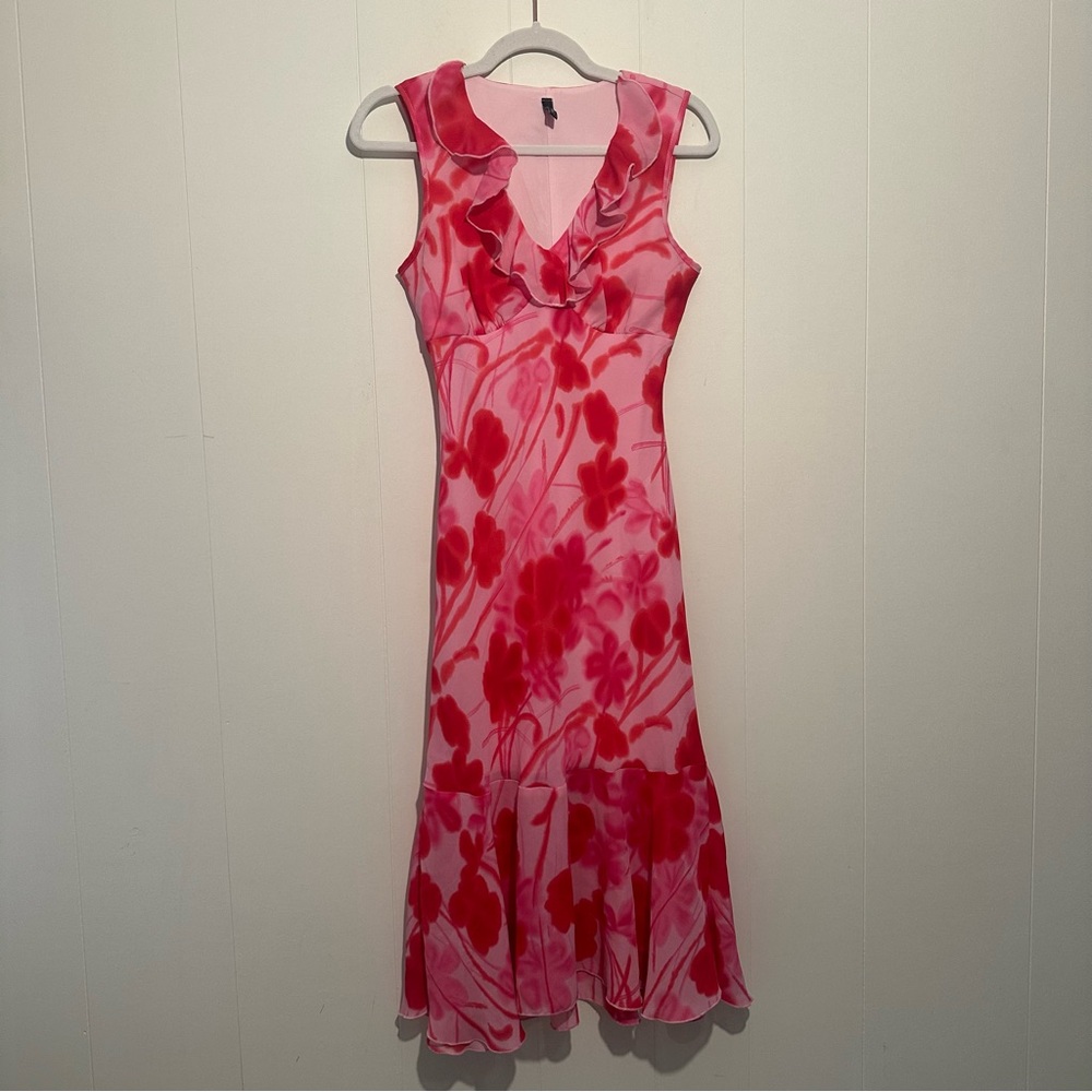 Vintage 90s Y2K Red Pink Floral Midi Dress Bodycon Ruffles S/M
